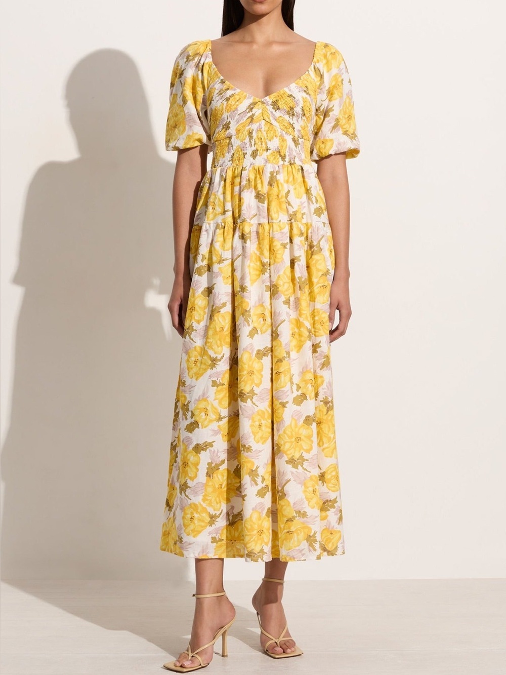 Faithfull The Brand Rosarico Midi Dress Isadora Floral Yellow Linen Puff Sleeve